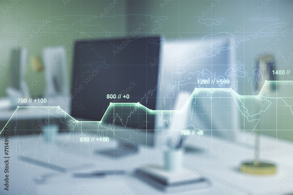 Poster double exposure of abstract creative statistics data hologram on computer background, analytics and 