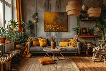 The stylish boho interior of living room at nice apartment with gray sofa, wooden desk, bamboo shelf, coffee table, honey yellow pillows, plants and elegant accessories. Mock up paintings on the wall