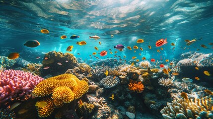 Underwater coral reef teeming with colorful sea life    