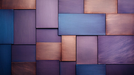 Closeup of colored metal as cooper in blue, purple and metallic color in geometric shapes, squares...