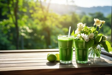 Detox green smoothie in glass on wooden table with greenery, ideal for morning breakfast or snack