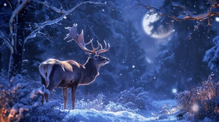 Winter Northern majestic deer in the magical winter night forest. Winter landscape with deer, big beautiful antlers, winter illumination, moonlight, neon    