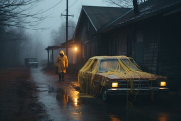 A lone car, swathed in a vibrant yellow net, braves the treacherous winter roads, its wheels churning through the fog and rain as it makes its way towards a dark building, aided only by the faint glo