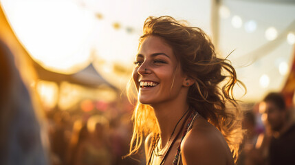 Festival Bliss: Free-Spirited Woman in the Moment, Captured with Shallow Depth of Field