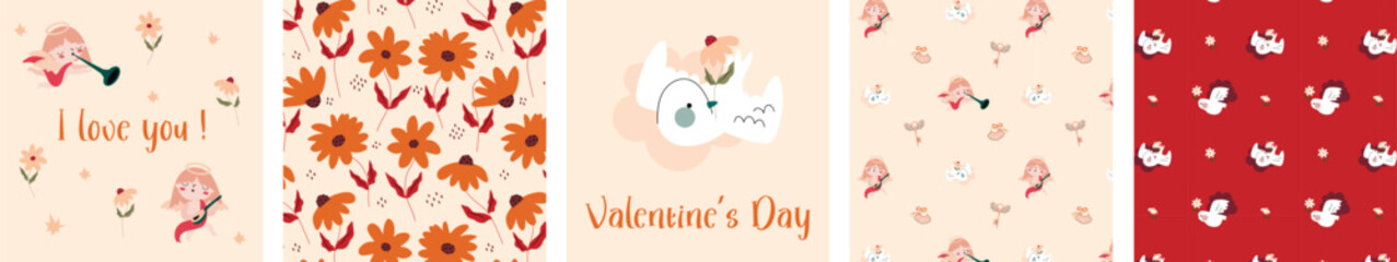 Set of cute posters and  seamless patterns with flowers, cupids   and birds .St. Valentine's Day concept. Amor kids with wings hold a heart, romantic symbol of love. Great for fabric, textile Vector I