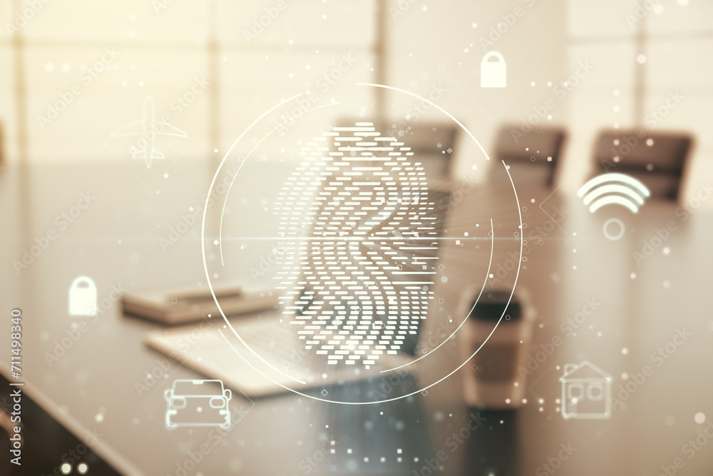 Poster double exposure of abstract creative fingerprint hologram on computer background, protection of pers