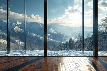 Wooden floor and huge French panoramic windows in a large room. AI generated. Winter landscape and snowy mountains outside the window.
