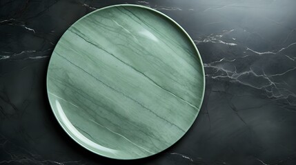 Top View of an empty Plate in green Colors on a black Marble Background. Elegant Template with Copy Space