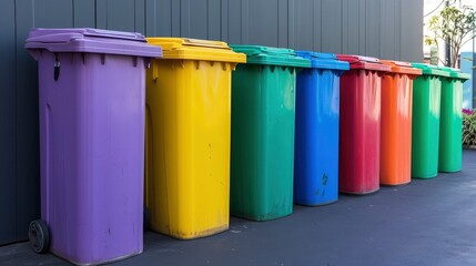 Colorful Row of Recycling Bins Lined Up for Waste Separation.