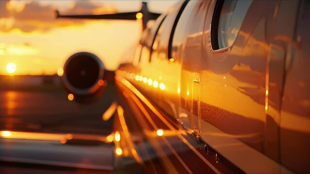 The gleaming gold fixtures and ts of this private jet cabin are perfectly complemented by the golden colors painted across the sky at sunset.