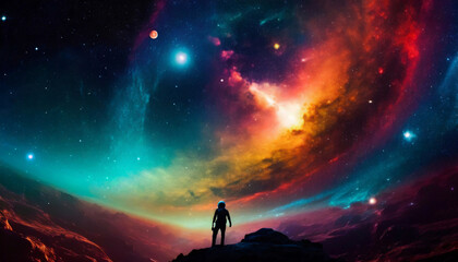 Exploring universe mysteries, silhouette of human discovering fantasy landscape, colorful sky - obrazy, fototapety, plakaty