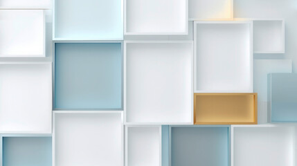 Closeup of white, golden, pastell blue retacles and squares with frames as modern abstract textured background pattern