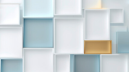 Fototapeta premium Closeup of white, golden, pastell blue retacles and squares with frames as modern abstract textured background pattern