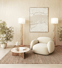 Luxurious living room with cozy beige armchair, marble coffee table, and brass floor lamps beside framed art