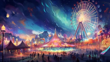 Vibrant fairground with dazzling lights, spinning rides, and a joyful atmosphere - Generative AI