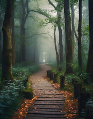 Morning in the forest, mystic path in the woods, dark landscape