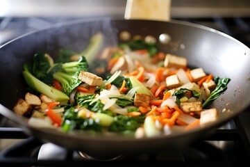 assorted chopped vegetables and tofu in a wok with soy sauce drizzle - obrazy, fototapety, plakaty