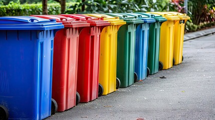 Colorful Row of Recycling Bins Lined Up for Waste Separation.