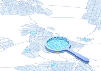 Concept of analysis, assessment of the state of city. Evaluation of various factors contribute to its overall well-being, functionality. Abstract vector map, magnifying glass. Isometric illustration