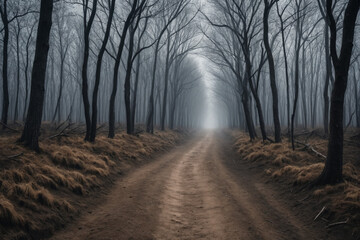 Obraz premium A dirt path that proceeds to the horizon through a forest of dry trees, dark and gloomy atmosphere - Concept for loneliness and depression
