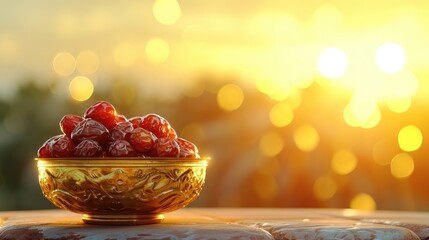 dates fruit on gold bowl at sunset for breaking fasting ramadan with copyspace background