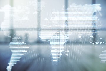Double exposure of abstract digital world map hologram on empty room interior background, big data...