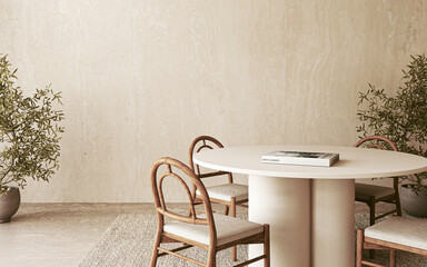 Minimalist dining room with white sculptural pendant light, round table, and wooden chairs near potted plants