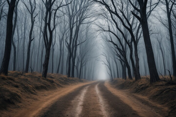 Fototapeta premium A dirt path that proceeds to the horizon through a forest of dry trees, dark and gloomy atmosphere - Concept for loneliness and depression
