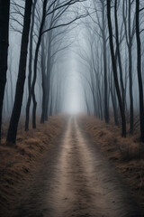 A dirt path that proceeds to the horizon through a forest of dry trees, dark and gloomy atmosphere - Concept for loneliness and depression - obrazy, fototapety, plakaty