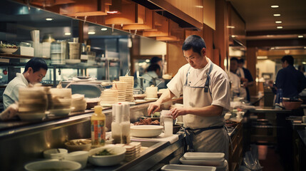 Fototapeta na wymiar Dynamism Unleashed: The Pulse of a Busy Japanese Restaurant with Animated Staff