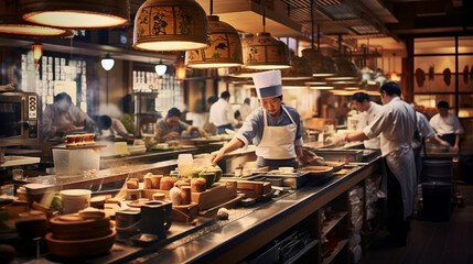 Energetic Ambiance: Vibrant Scene of Staff in Action at a Bustling Japanese Restaurant