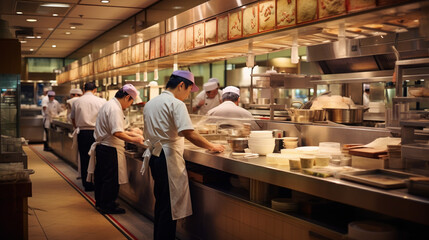 Fototapeta na wymiar Energetic Ambiance: Vibrant Scene of Staff in Action at a Bustling Japanese Restaurant