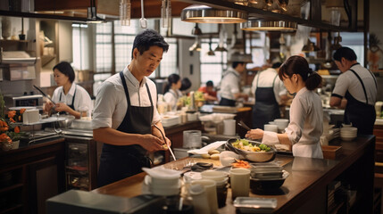 Energetic Ambiance: Vibrant Scene of Staff in Action at a Bustling Japanese Restaurant