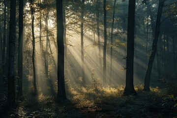 Morning in the forest with sunbeams and rays of light. A forest scene with sunlight filtering through the trees, casting a hopeful glow.
