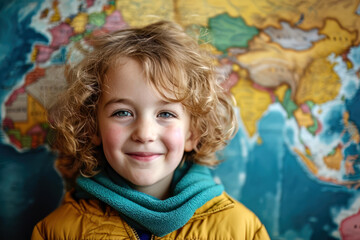 Portrait of a smiling child standing in front of a world map