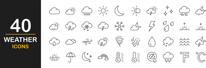 Weather web icons set. Weather forecast - simple thin line icons collection. Containing clouds, temperature, sunny day, rain, wind and more. Simple web icons set