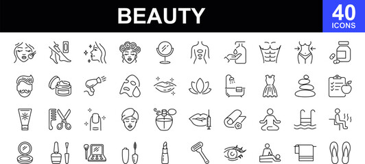 Beauty web icons set. Cosmetology and dermatology - simple thin line icons collection. Containing cream bottle, lipstick, makeup brush, care skin, face mask and more. Simple web icons set