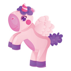 Cute magic unicorn jumping with twisted horn, mane. Pony fairy tale and fictional character. Baby rainbow pegasus, funny small unicorns. Wonderland, fairytale mascot, magical creature, dream horse 