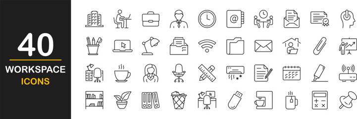 Office workspace web icons set. Workspace and coworking - simple thin line icons collection. Containing devices, tools, desktop, computer manager, meeting, co-worker and more. Simple web icons set