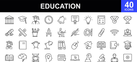 Education and Learning web icons set. Back to school - simple thin line icons collection. Containing school, success, university, textbook, learning, academic subjects and more. Simple web icons set