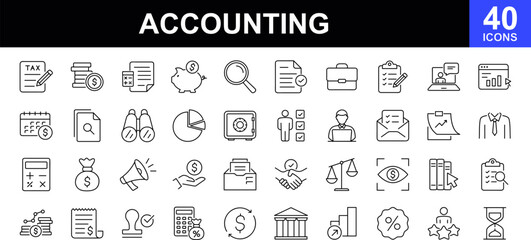 Accounting web icons set. Accounting and Audit - simple thin line icons collection. Containing financial statement, taxes, accountant, financial audit, invoice, income and more. Simple web icons set