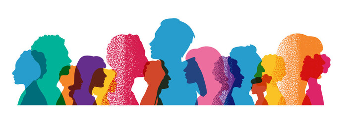 Different people stand side by side together. Group colored silhouette people from the side. Men and women portraits. Community of colleagues or collaborators, inclusive education, co-workers.