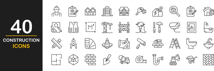 Construction web icons set. Build and construction - simple thin line icons collection. Containing building, crane, engineer, worker, business, road, industry and more. Simple web icons set