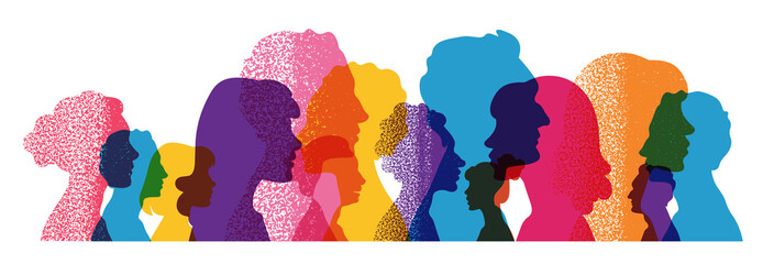 Different people stand side by side together. Group colored silhouette people from the side. Men and women portraits. Community of colleagues or collaborators, inclusive education, co-workers. - obrazy, fototapety, plakaty