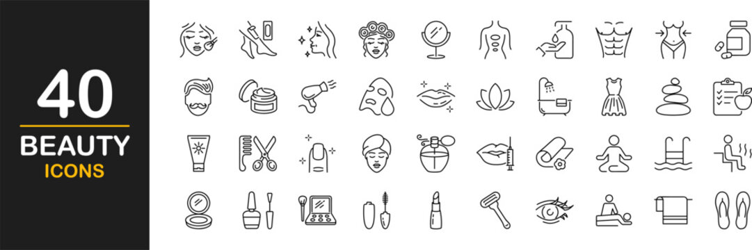 Beauty web icons set. Cosmetology and dermatology - simple thin line icons collection. Containing cream bottle, lipstick, makeup brush, care skin, face mask and more. Simple web icons set