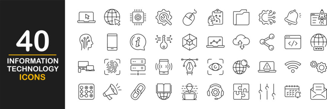 Information Technology web icons set. IT - simple thin line icons collection. Containing technology progress, website, Internet, data, programming and more. Simple web icons set