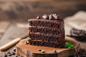 Sliced tasty chocolate cake on wooden background