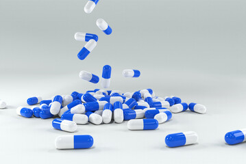 Medical Pills Drugs Falling Down on a grey background. 3D rendering.
