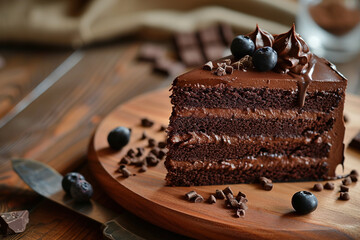 Delicious chocolate cake on table