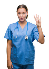 Young caucasian doctor woman wearing medical uniform over isolated background showing and pointing up with fingers number four while smiling confident and happy.